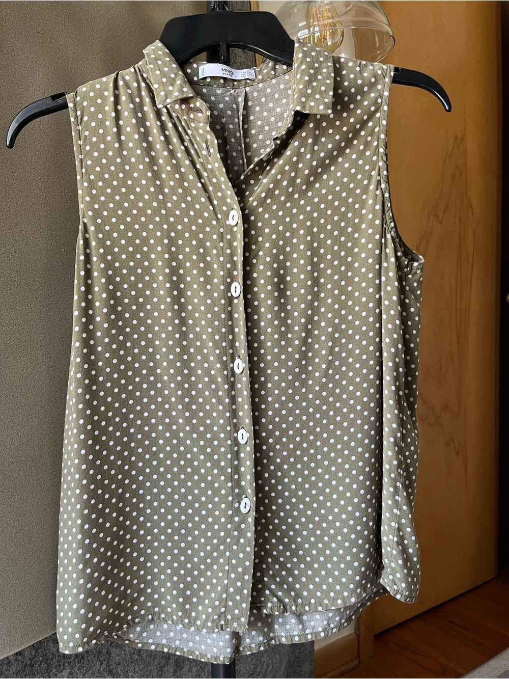 Mango Olive Green Sleeveless Polka Dot Button-Down Shirt size XXS